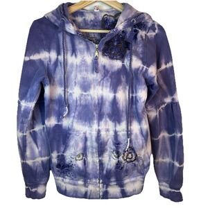 Free People Hoodie Womens M Full Zip Sweater Embroidery Tie Dye Purple Raw Trim
